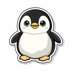 Fototapeta premium Cartoon penguin with black and white feathers and yellow beak standing in a blank background