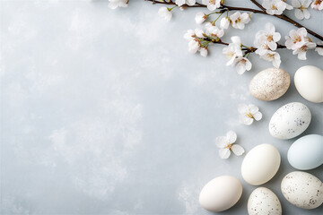 Fototapeta premium White speckled Easter eggs and blooming cherry blossoms arranged on a pastel gray background