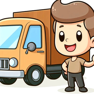 ragazzo con furgone simpatico per segnalazioni, camion, trasporti