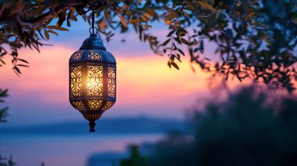 Obraz premium Illuminated Lantern Hanging From Tree Branch At Sunset