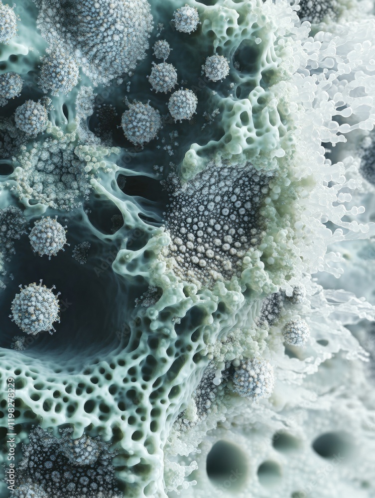Poster dense layer of microbes reveals intricate structures and textures in microscopic view. generative ai