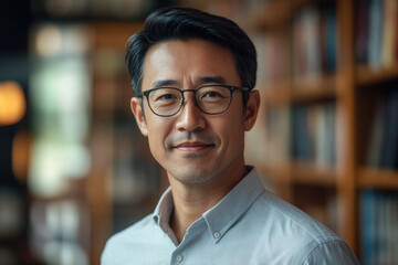 Fototapeta premium Portrait of a smiling Asian man wearing glasses, in a library setting.