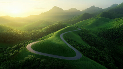 Serene winding road through lush green hills at sunset