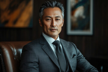 Confident Asian businessman in a sharp suit, exuding success and professionalism.