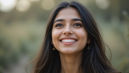 Fototapeta premium Close Up Portrait of a Young Indian Woman in Professional Suit with Radiant Smile and Warm Expression on Light Blue Background
