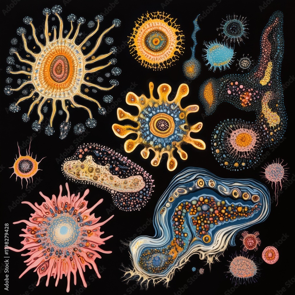Poster evolving patterns of bacteria illustrated in vibrant colors showcasing cellular diversity and comple
