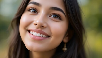 Close Up Portrait of a Young Indian Woman in Professional Suit with Radiant Smile and Warm Expression on Light Blue Background