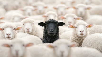 A black sheep stands out among a flock of white sheep