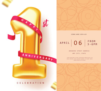 One year anniversary invitation card clipart template design. Anniversary greeting text in red ribbon with number 1 metallic gold inflatable balloon elements. Vector illustration simple invitation 