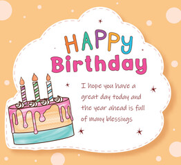 Happy birthday greeting card clipart template. Happy birthday greeting and wishes in cloud white space with colorful drawing cake clip art. Vector illustration bday invitation card design.

