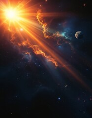 Obraz premium A cosmic landscape displaying a light spectrum with radiant beams, bending and reflecting off cosmic objects in a dark empty void