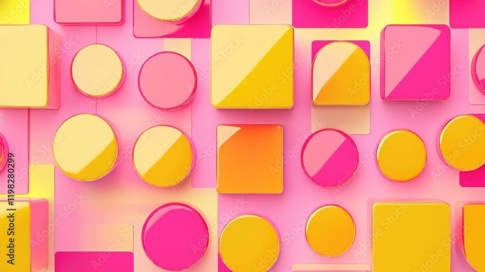 Poster vibrant abstract composition of geometric shapes: a playful exploration of color and form