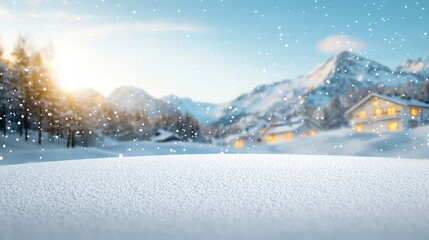 Serene Winter Landscape with Snowy Mountains and Sunset