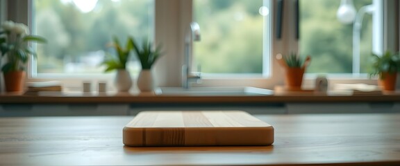 A wooden cutting board placed on a textured wooden countertop, home, with soft sunlight streaming...