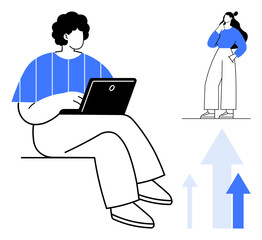 Two people engaging with technology, one person using a laptop while another stands thoughtfully. Arrows symbolize upward movement and progress. Ideal for teamwork, productivity, growth, innovation