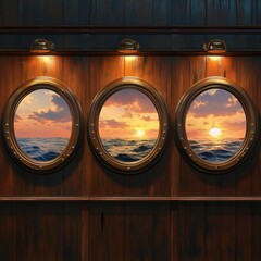 Sunset Seascape Through Ship's Portholes: A Nautical Dream