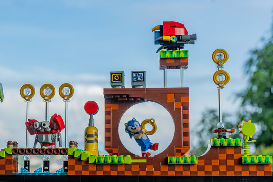 Depok, Indonesia - January 12, 2025: Lego toys photography, lego sonic the hedgehog on green hill zone, with sonic minifigure in action, blue sky background