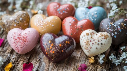 Obraz premium Colorful heart-shaped candies dessert table food photography rustic setting close-up view sweet treat concept