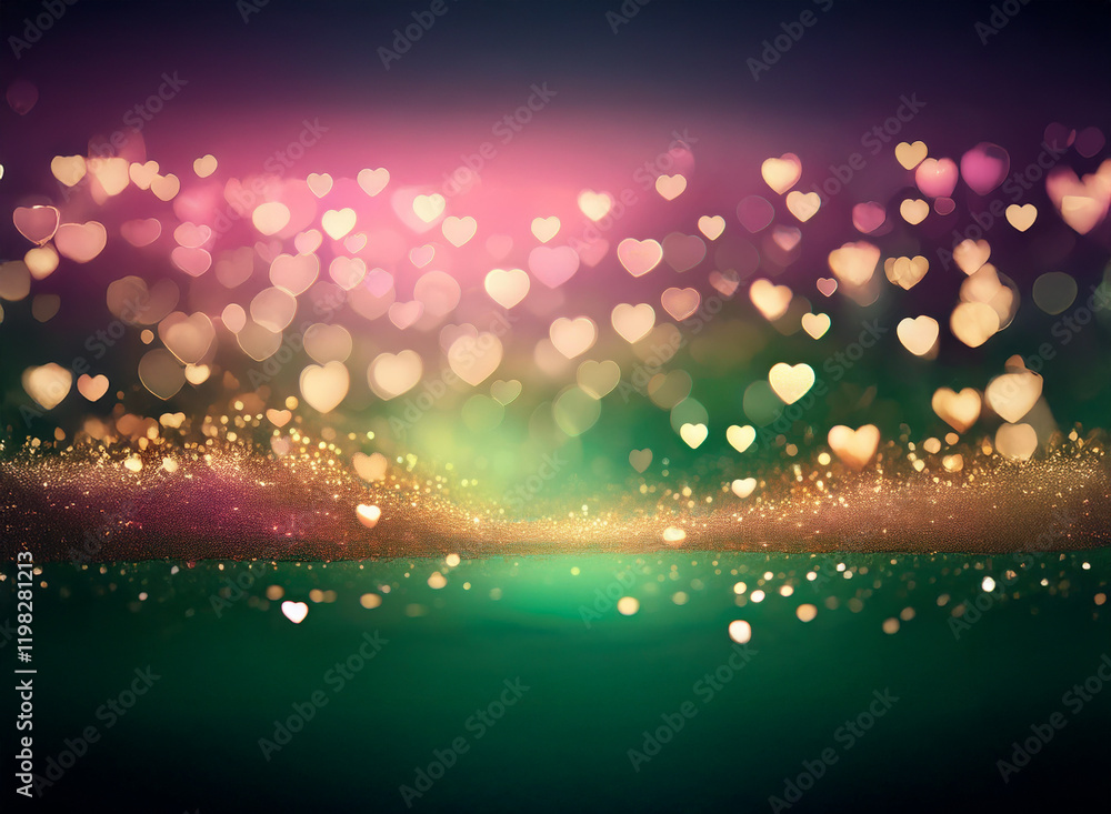 Poster shimmering hearts float on a vibrant, dark background, creating a romantic and magical atmosphere. t