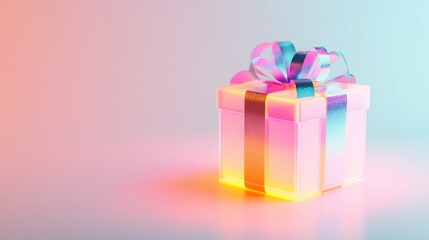 Obraz premium Pink gift box with iridescent ribbon under colorful lighting.