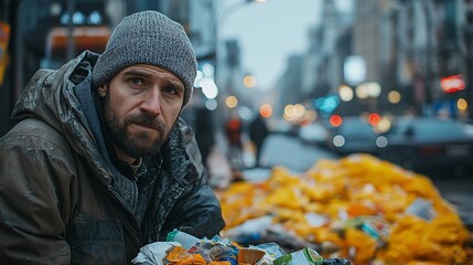 Homeless man, city street, trash, winter, urban poverty, social issue