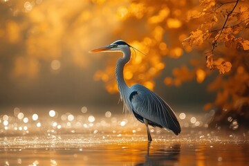 elegant heron wading through misty autumn marsh, golden light filtering through fall foliage