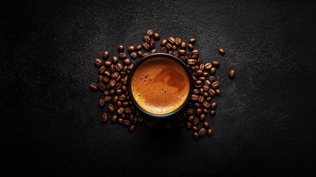 Aromatic coffee cup surrounded by roasted beans