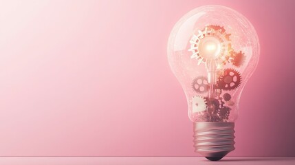 Glowing lightbulb filled with gears. Pink background. Idea concept.