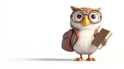 Cute cartoon owl student with backpack and book.