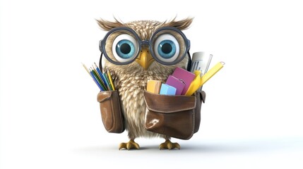 Cute cartoon owl wearing glasses carries a satchel filled with school supplies.