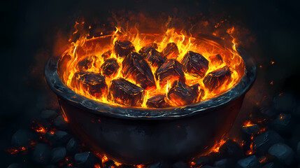 Burning coal with glowing embers in a metal container, burning, coal, fire. Sunpetal. Illustration