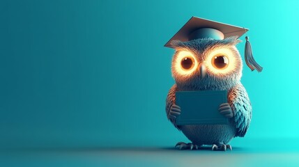Obraz premium Wise owl graduate holding a diploma. Teal background.