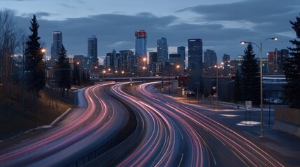 Fototapeta premium Night Cityscape: Lights Trails on Highway with City Skyline