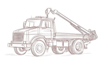 Naklejka premium Detailed Line Art: Boom Truck with Flatbed, Technical Illustration.