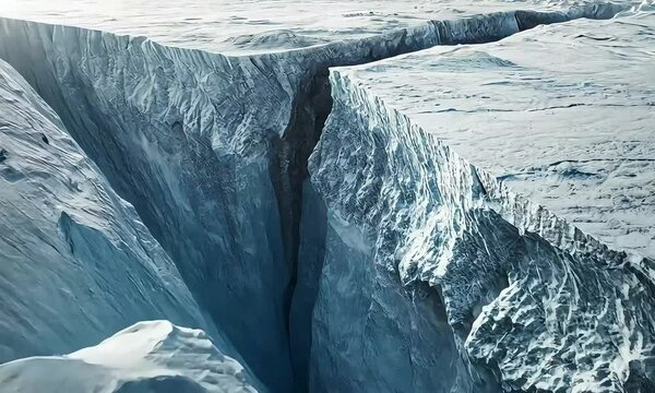 Stunning Aerial View of Chiseled Ice Landscape Showcasing Icy Ravines and Cracks in Glacial Surface Under Bright Sunlight with ai generated.