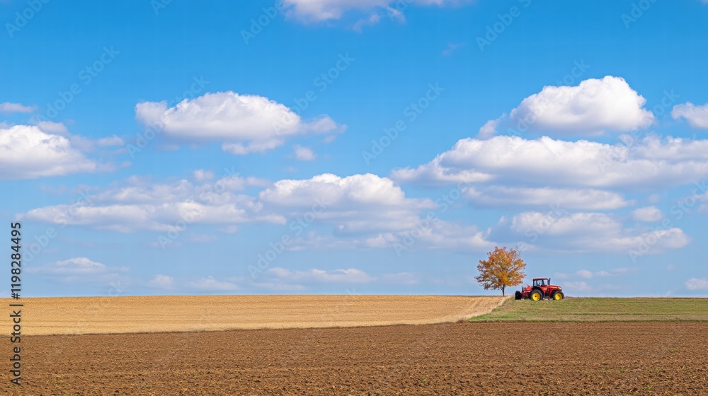Poster red tractor working on a plowed field under a blue sky with clouds during a sunny day in a rural are