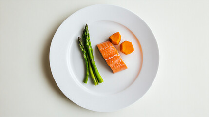 A plain, white plate with a small portion of salmon, asparagus, and sweet potato, balance diet