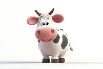 A cheerful cartoon cow with black spots and a friendly expression.