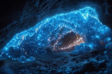 enchanted crystal cave glowing with bioluminescent fungi, ethereal blue light, dewdrops sparkling like diamonds, mystical atmosphere, otherworldly environment