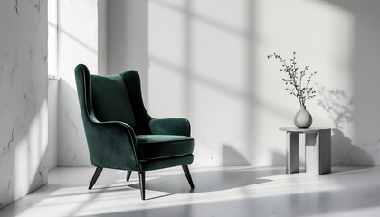 Elegant Green Velvet Armchair in a Minimalist White Room