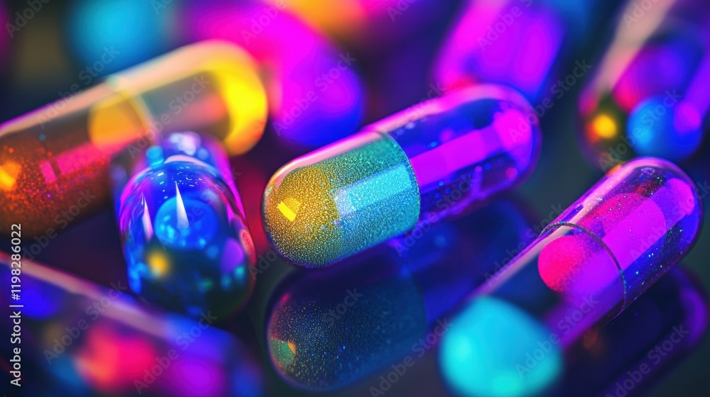 Poster microscopic view of colorful antibiotics interacting with bacteria in a laboratory setting. generati