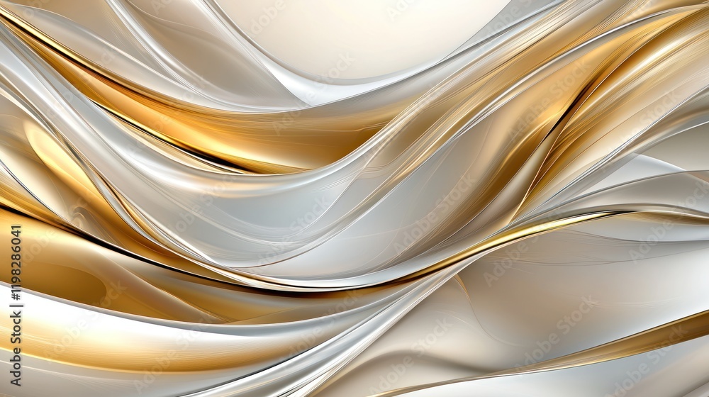 Poster a flowing abstract design featuring smooth curves in shades of gold and silver, creating an elegant 