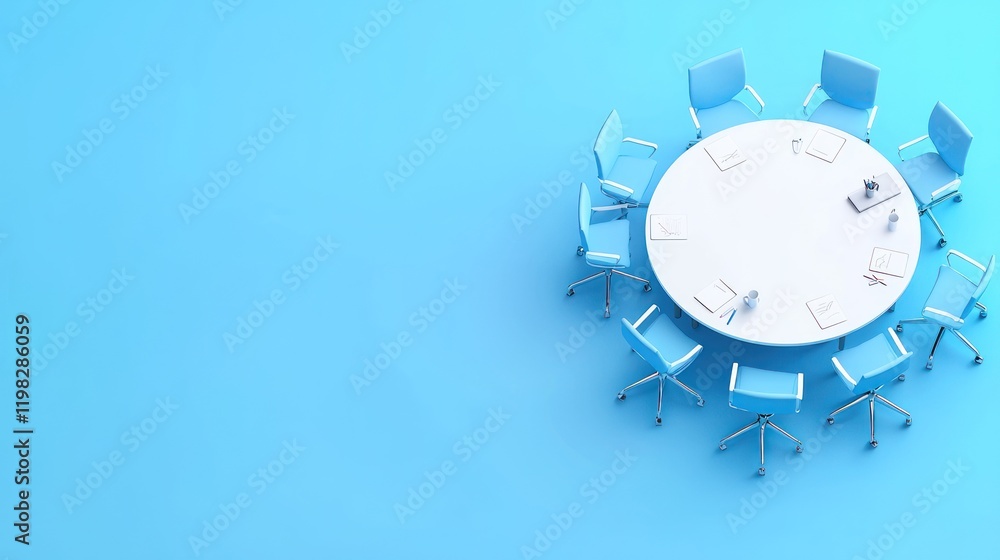 Poster a round table with blue chairs is set against a blue background, creating a modern and calming works