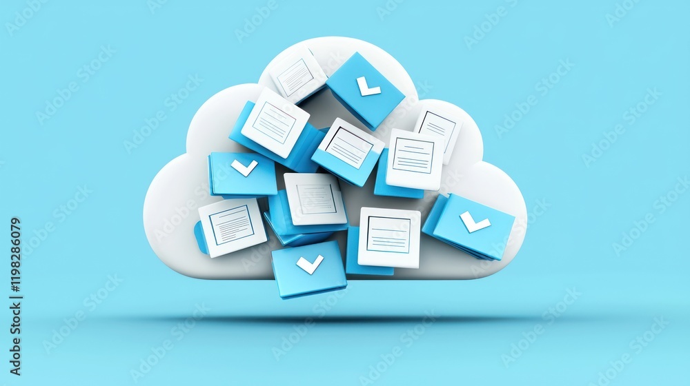 Poster a cloud filled with documents and checkmarks, symbolizing digital storage, organization, and cloud c