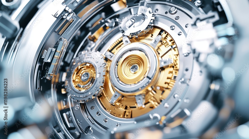 Poster a close-up view of intricate mechanical gears and components, showcasing a blend of silver and gold 
