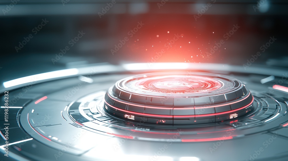 Poster a futuristic, glowing circular interface with intricate designs, showcasing a central core emitting 