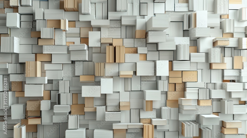 Poster a textured wall composed of various stacked books in light colors, creating a visually striking and 
