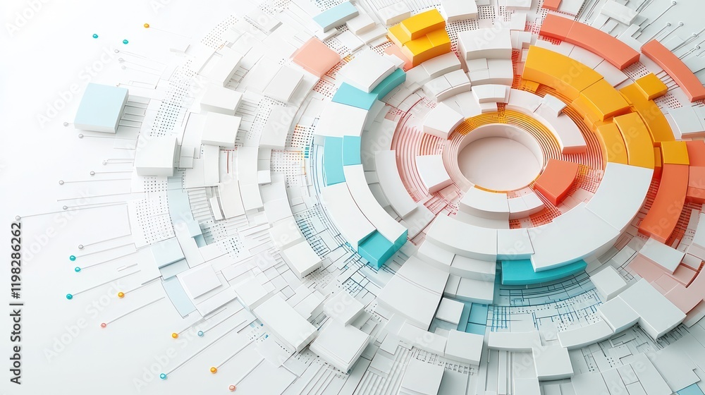 Poster a colorful, abstract representation of data visualization, featuring concentric shapes and lines, su
