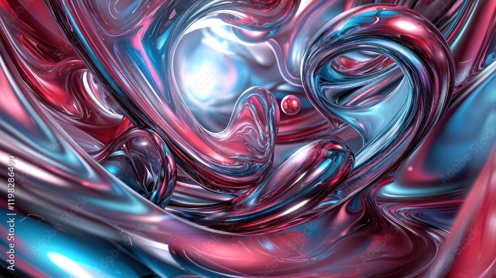 Poster a vibrant, abstract swirl of red and blue metallic textures, creating a mesmerizing visual depth and