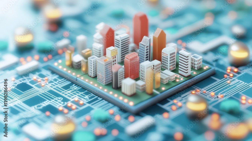 Poster a miniature cityscape sits atop a circuit board, blending urban architecture with technology in a vi